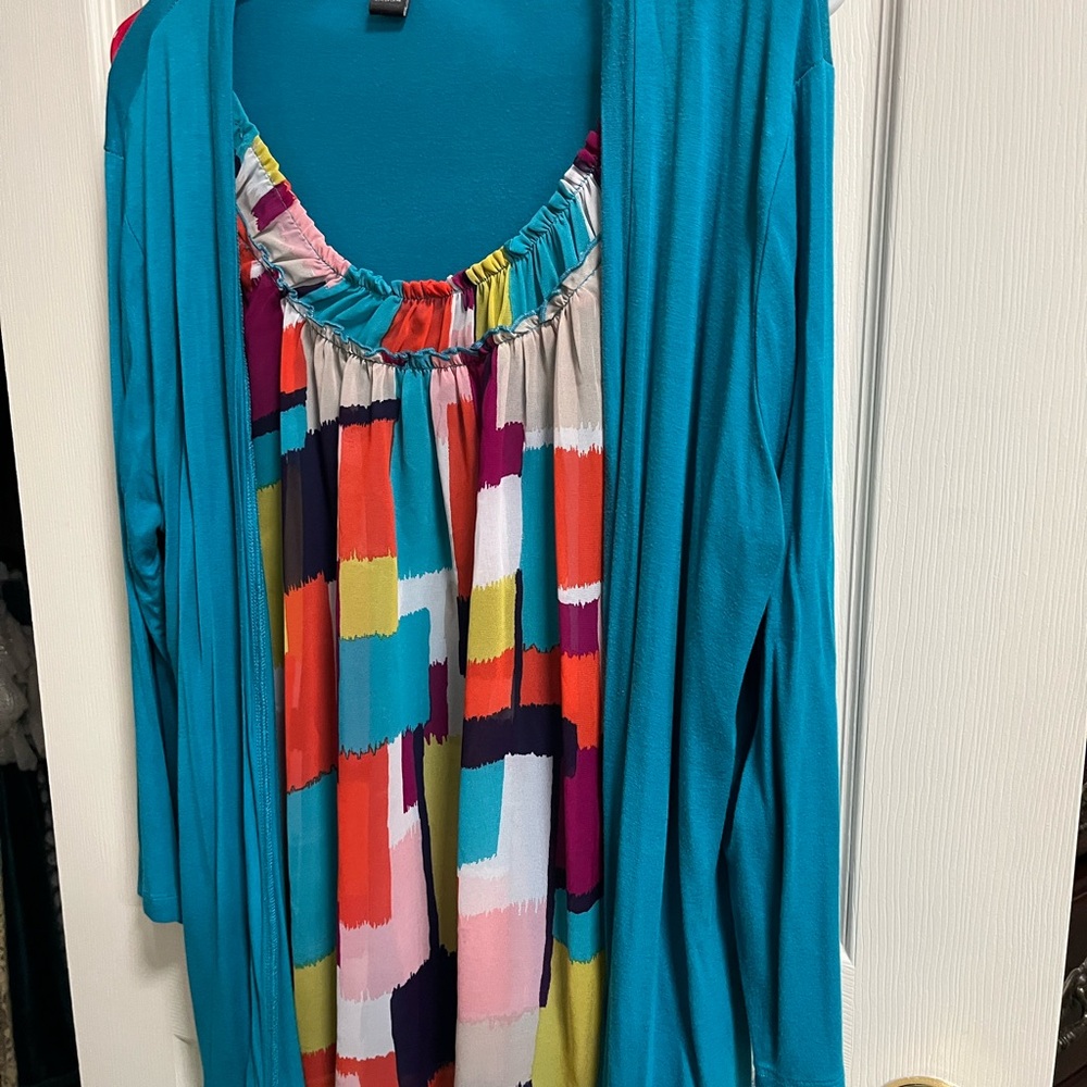 Colorful Patterned Blouse with attached Blue Cardigan